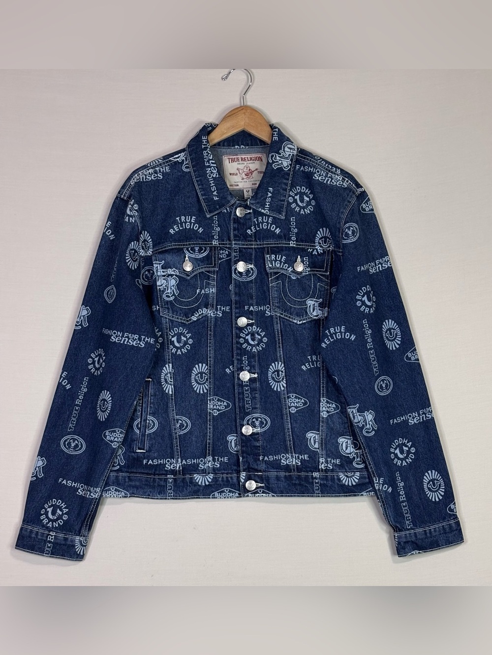 True Religion AOP Logo Denim Jacket World Tour Trucker Blue Large